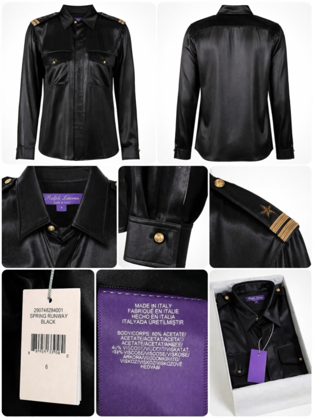 NWT Ralph Lauren Purple Label Runway Black Satin Military Blouse Top 6 Italy - Picture 4 of 4